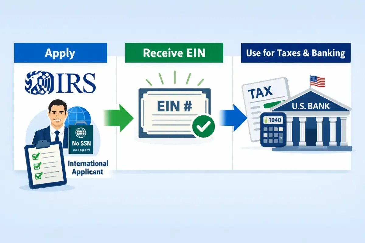 Obtaining EIN for foreign-owned U.S. businesses showing international applicant process through IRS for taxes and banking without SSN requirement.