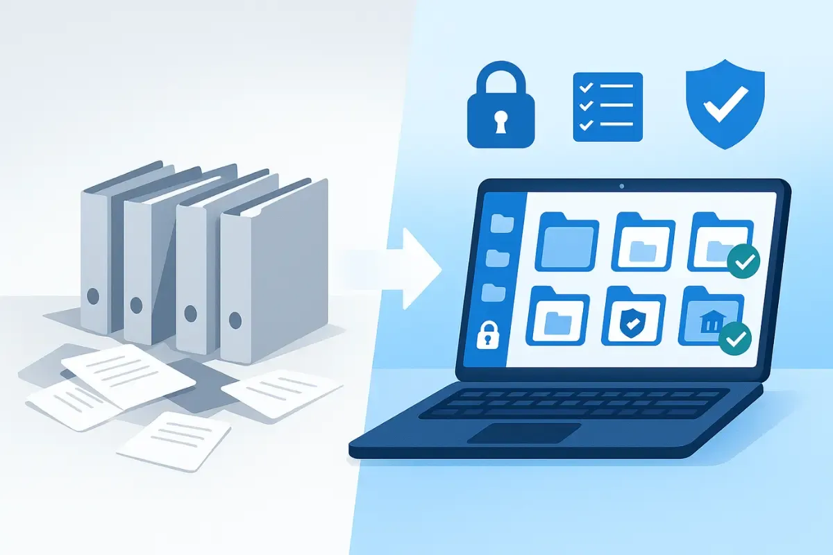 organizing-legal-business-documents-efficiently.webp Transition from paper filing cabinets to secure digital document management system on laptop with encryption and access controls.