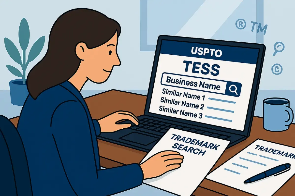 perform-a-fedearl-trademark-search.webp Business owner using USPTO TESS trademark search system to check business name trademark availability and federal registration conflicts.