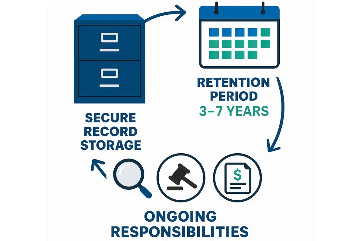 post-closure-obligations.webp Business record retention requirements during closure showing secure storage retention periods and ongoing legal responsibilities for closed business documents.