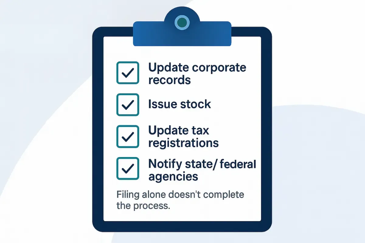 post-conversion-compliance-to-dos.webp Checklist for converting LLC to Inc showing required steps update corporate records issue stock and notify agencies