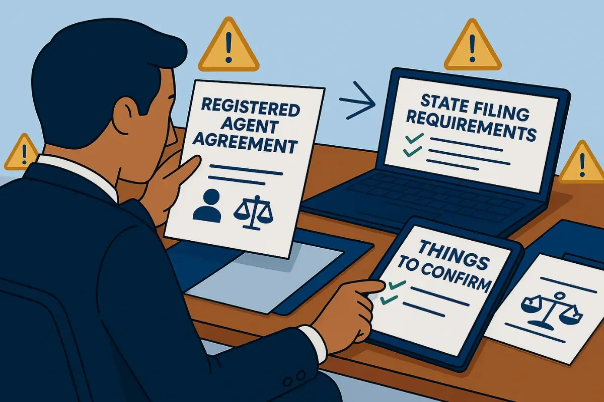 prerequisites-before-making-the-switch.webp Professional examining registered agent agreement and state filing requirements with compliance warnings before switching registered agent providers.