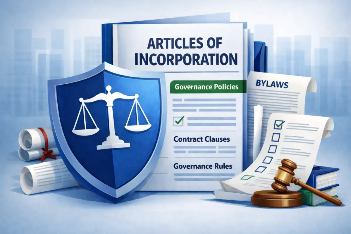 protective-provisions.webp Articles of Incorporation protective provisions document showing governance policies, contract clauses, governance rules, and corporate bylaws that establish the legal framework and registered agent requirements for a corporation.