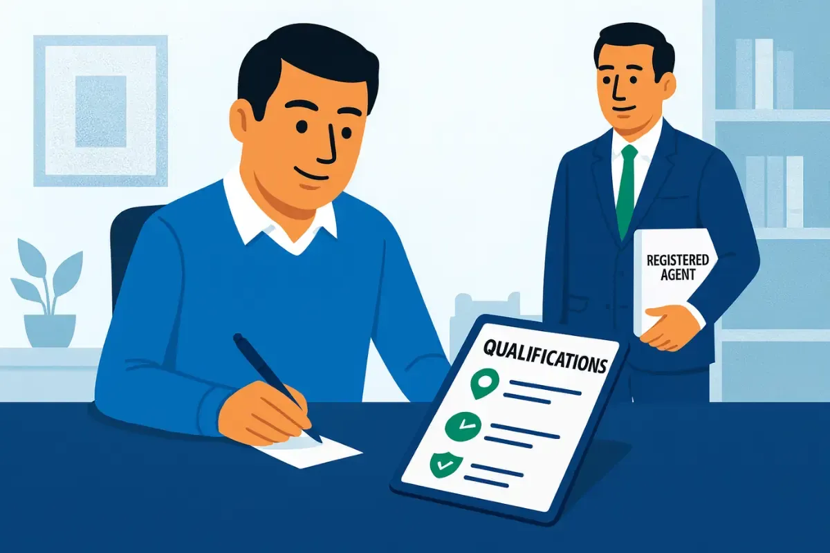 qualifications-to-be-a-registered-agent.webp Business owner reviewing registered agent qualifications form with professional service representative.