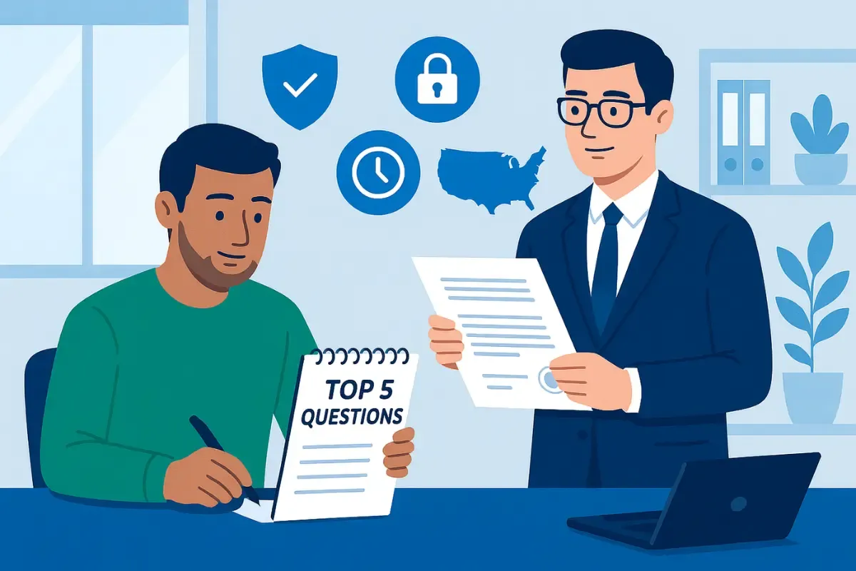 questions-to-ask-before-hiring-a-registered-agent.webp Business owner asking registered agent company top five questions about requirements responsibilities and compliance services