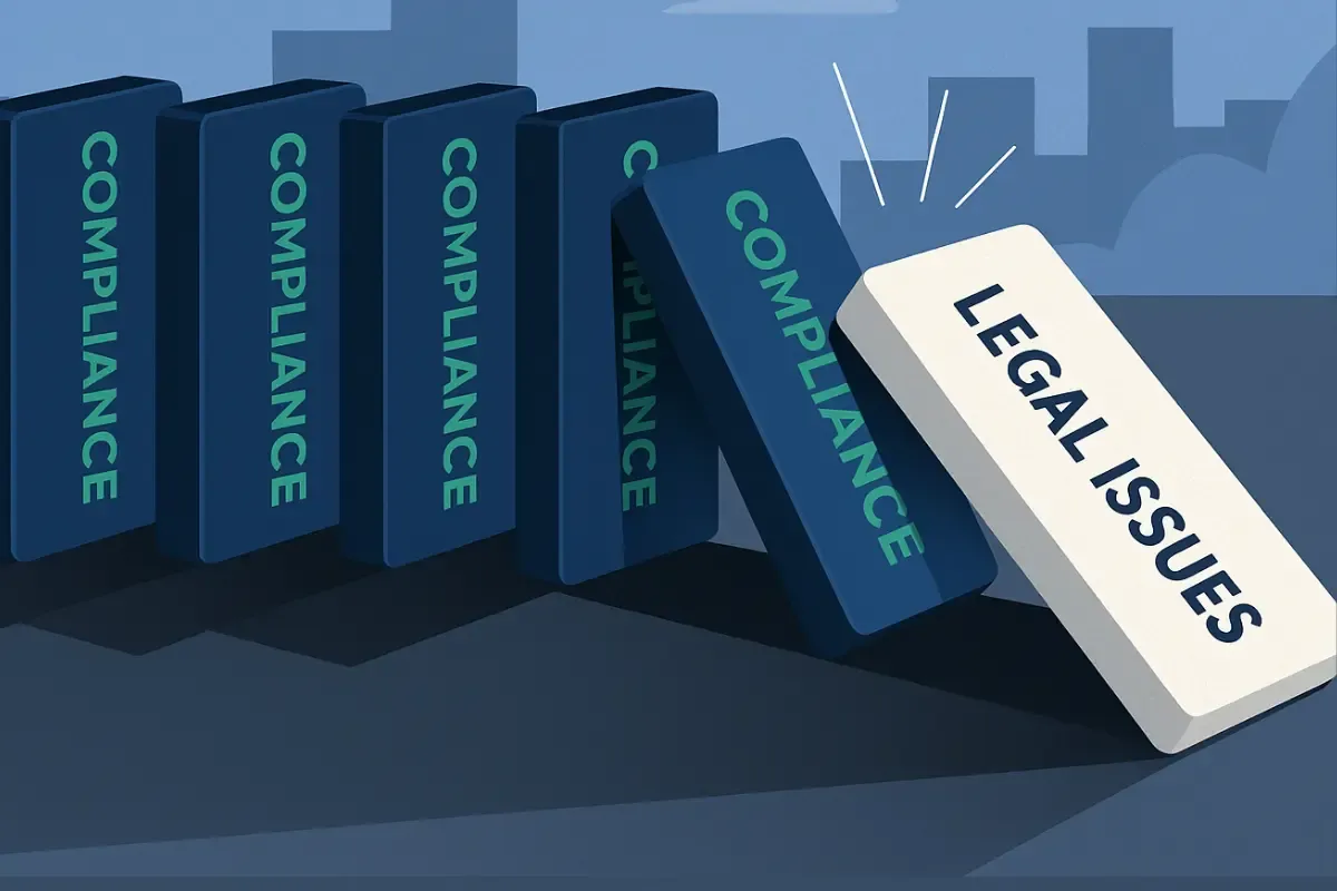 reasons-businesses-lose-their-legal-standing.webp Domino effect showing how one legal standing failure triggers multiple compliance problems and business reinstatement needs