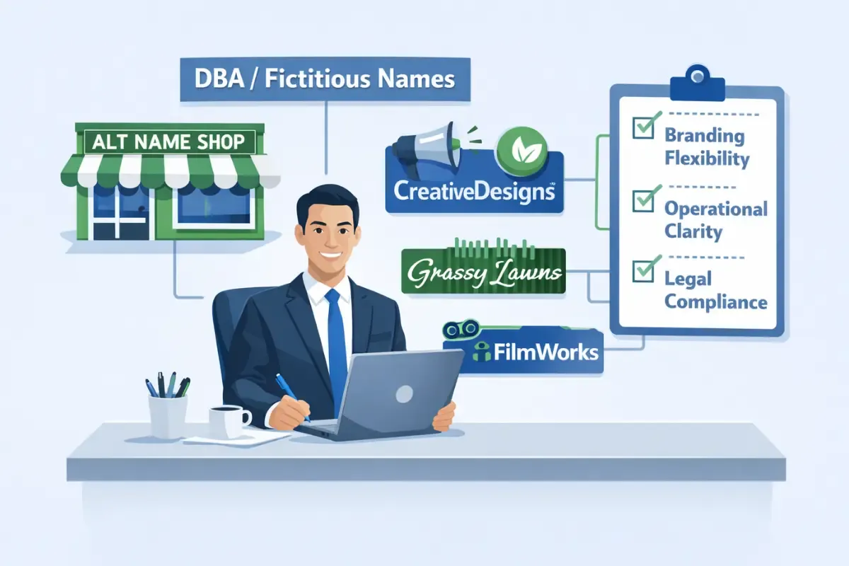 reasons-businesses-use-a-fictitious-business-name.webp Reasons businesses use a fictitious business name showing DBA registration for branding flexibility, operational clarity, and legal compliance when operating multiple businesses under one LLC.