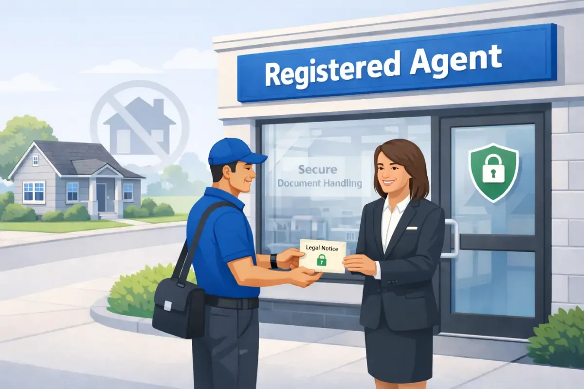Corporate registered agent receiving sensitive legal notice from service of process agent at professional business address instead of owner