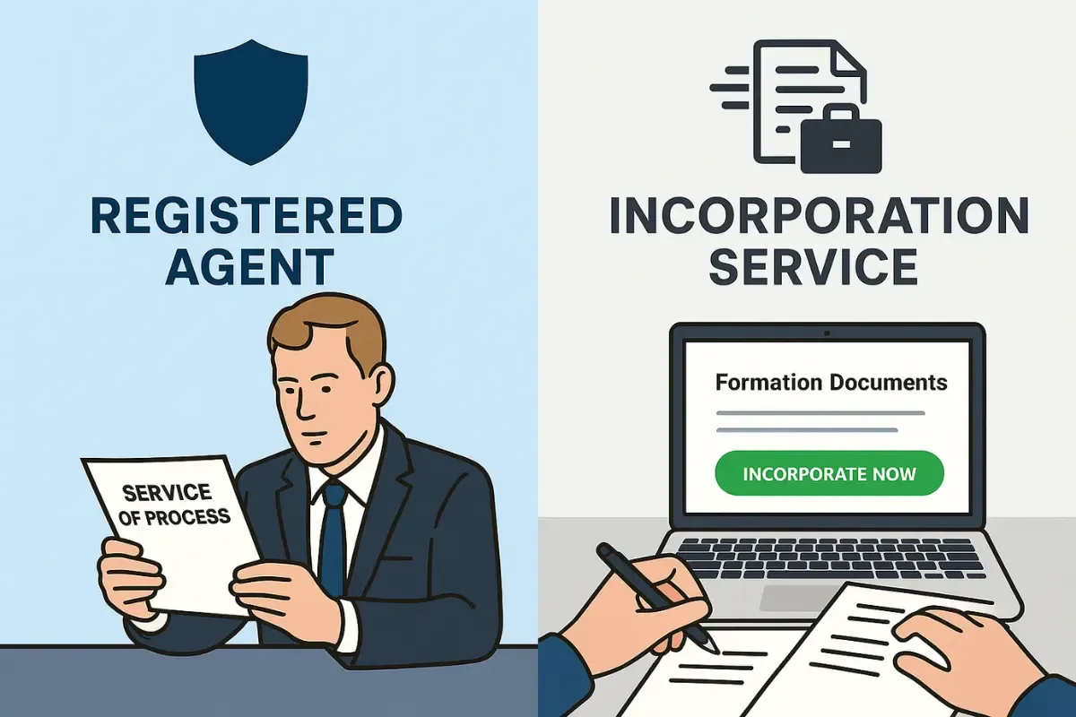 registered-agent-vs-incorporation-service.webp Registered agent receiving service of process documents vs incorporation service preparing business formation paperwork comparison illustration.