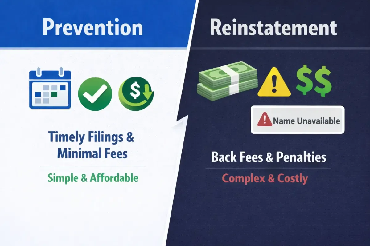 Reinstatement process vs avoiding dissolution comparison showing prevention with timely filings and minimal fees versus costly reinstatement with back fees and penalties.