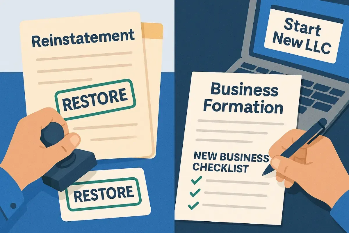 reinstatement-vs-starting-a-new-business.webp Business reinstatement documents versus new LLC formation comparison showing restore stamps and new business formation checklist for dissolved entities.
