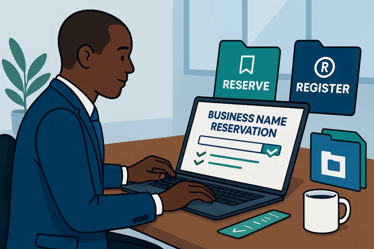 reserve-or-register-a-business-name.webp Professional completing business name reservation process online showing reserve and register options for securing available business name.