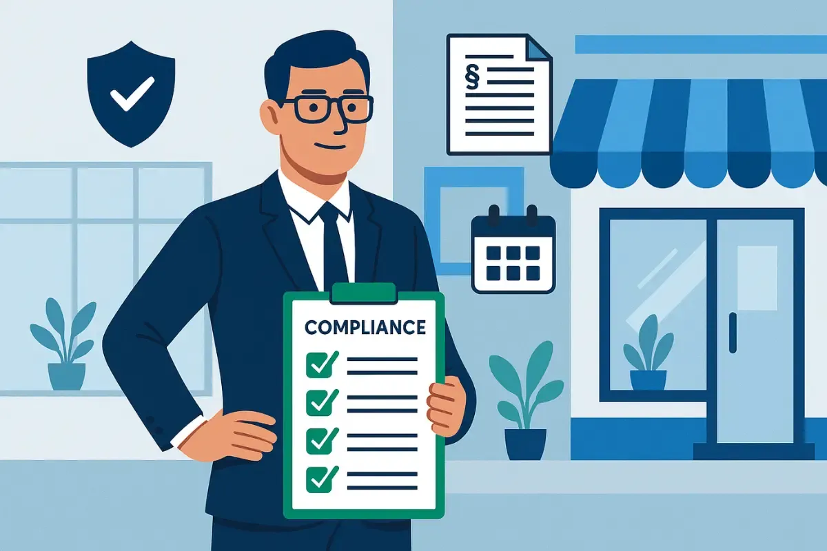 Compliance officer holding completed small business compliance program checklist with storefront showing regulatory protection