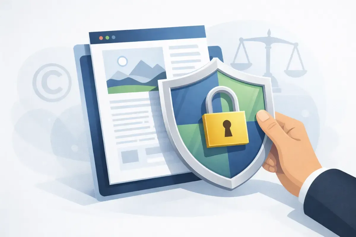 Security shield protecting copyrighted creative work and digital content from infringement with DMCA takedown and statutory damages legal remedies