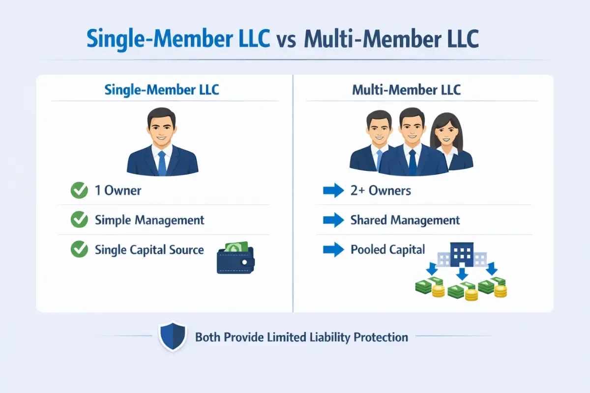 single-member-llc-vs-multi-member-llc.webp Single-member LLC vs multi-member LLC comparison infographic showing ownership, management, capital structure, and limited liability protection differences