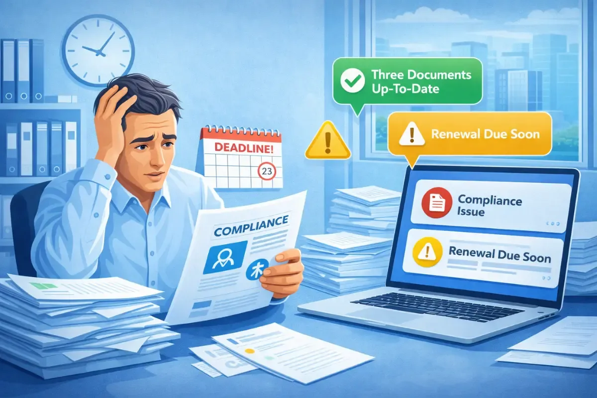small-business-compliance-burden.webp Small business owner overwhelmed by compliance deadlines and corporate transparency reporting requirements with compliance issue alerts and renewal due soon warnings on screen
