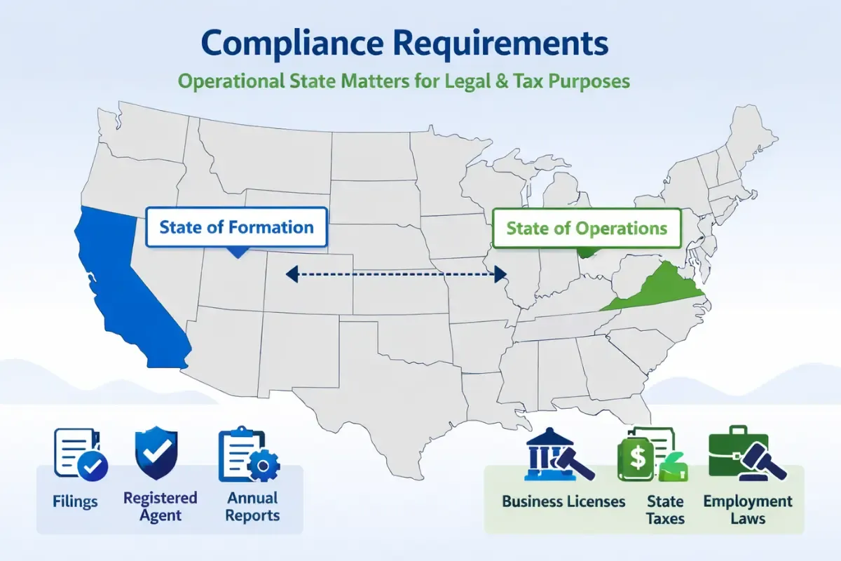 state-of-formation-vs-state-of-operations.webp LLC formation state vs operating state taxes showing how to avoid foreign qualification LLC trap with dual compliance requirements and registered agent needs.