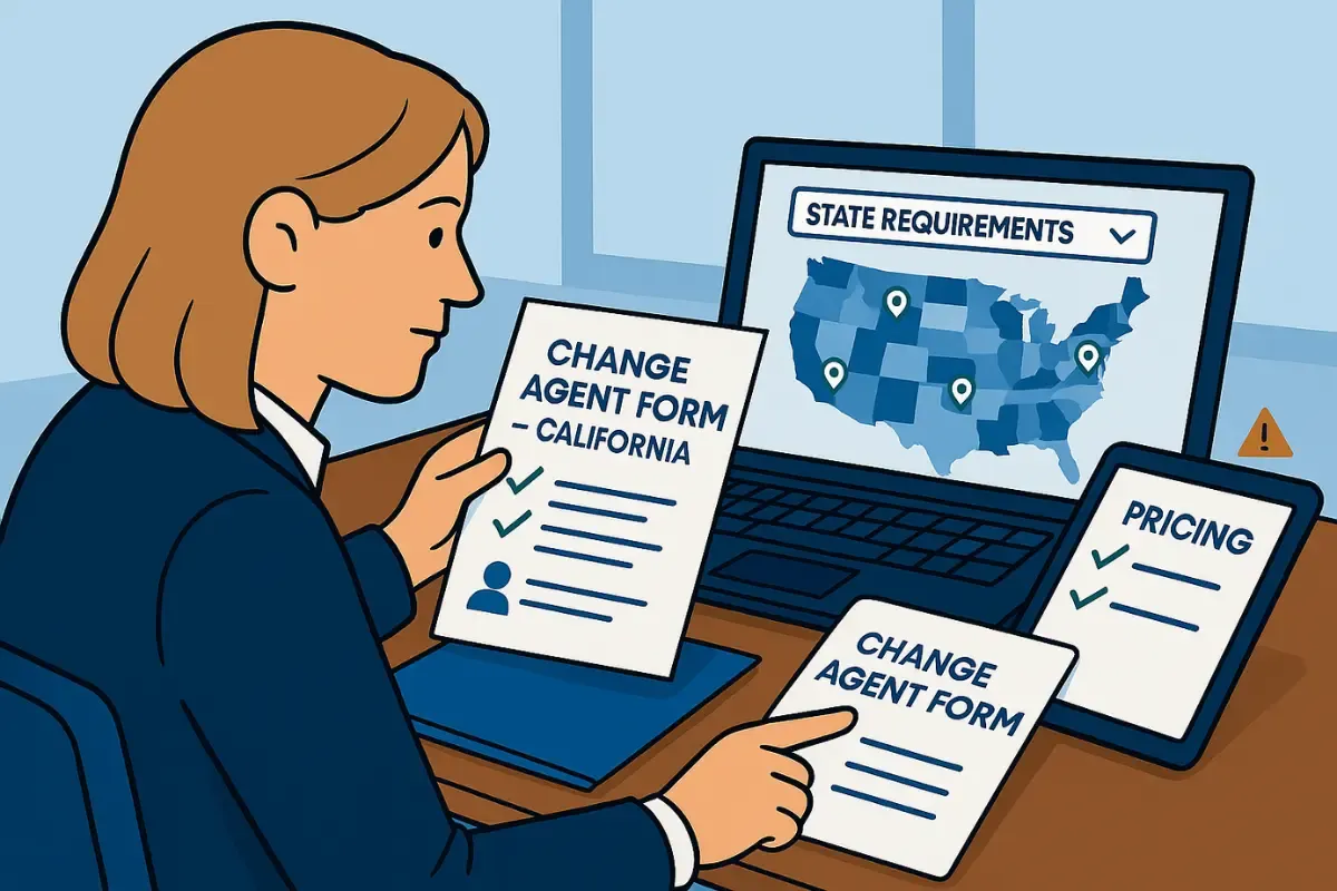 state-specific-rules-for-changing-registered-agents.webp Business owner reviewing change registered agent forms and state requirements map showing step-by-step process for switching registered agent providers.