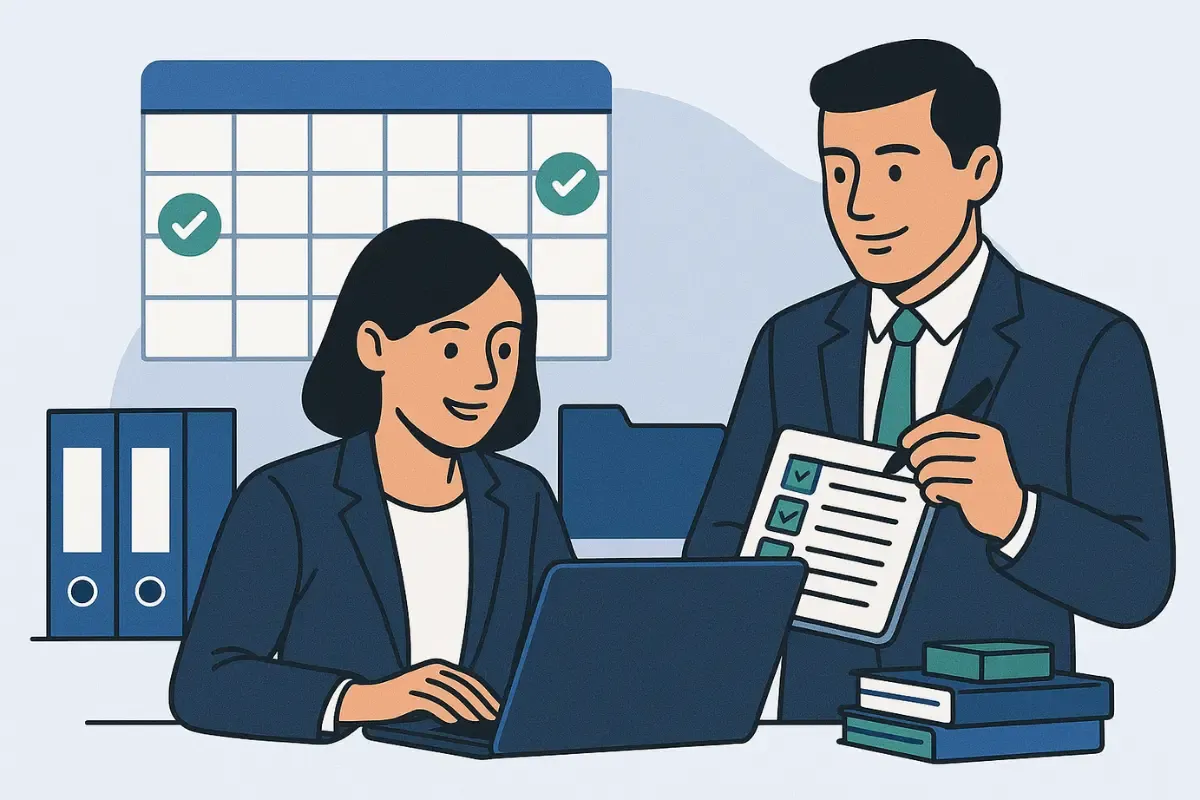 staying-in-compliance-year-round.webp Business professionals managing compliance calendar to maintain good standing status with annual report filing deadlines