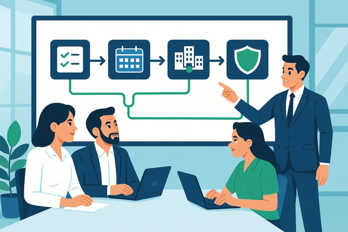 strategies-for-effective-legal-identity-management.webp Team presentation on compliance automation workflow for maintaining legal identity and entity documentation.