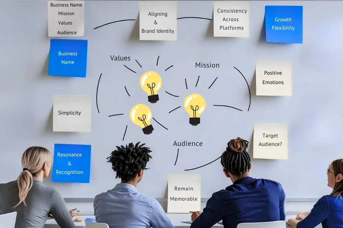 Business naming strategy workshop showing key factors mission values audience brand identity consistency for choosing perfect company name.
