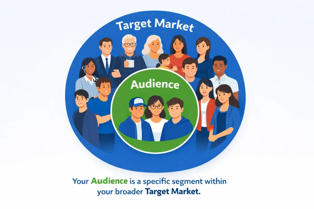 Target market and audience business terminology for startups showing how audience is a specific segment within broader target market for entrepreneurs.