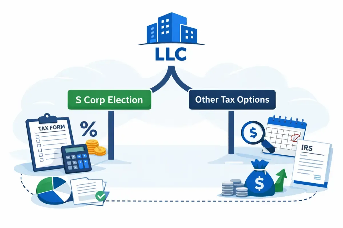tax-flexibility-and-s-corp-election.webp Tax flexibility and S Corp election showing LLC tax benefits for small business with LLC S Corp election tax savings comparing tax form options and IRS requirements.