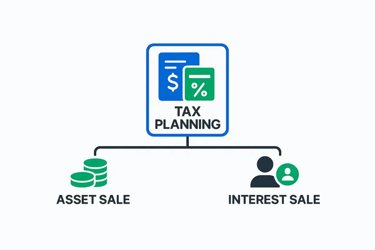Tax planning comparison chart showing asset sale versus interest sale options for selling corporation or LLC business