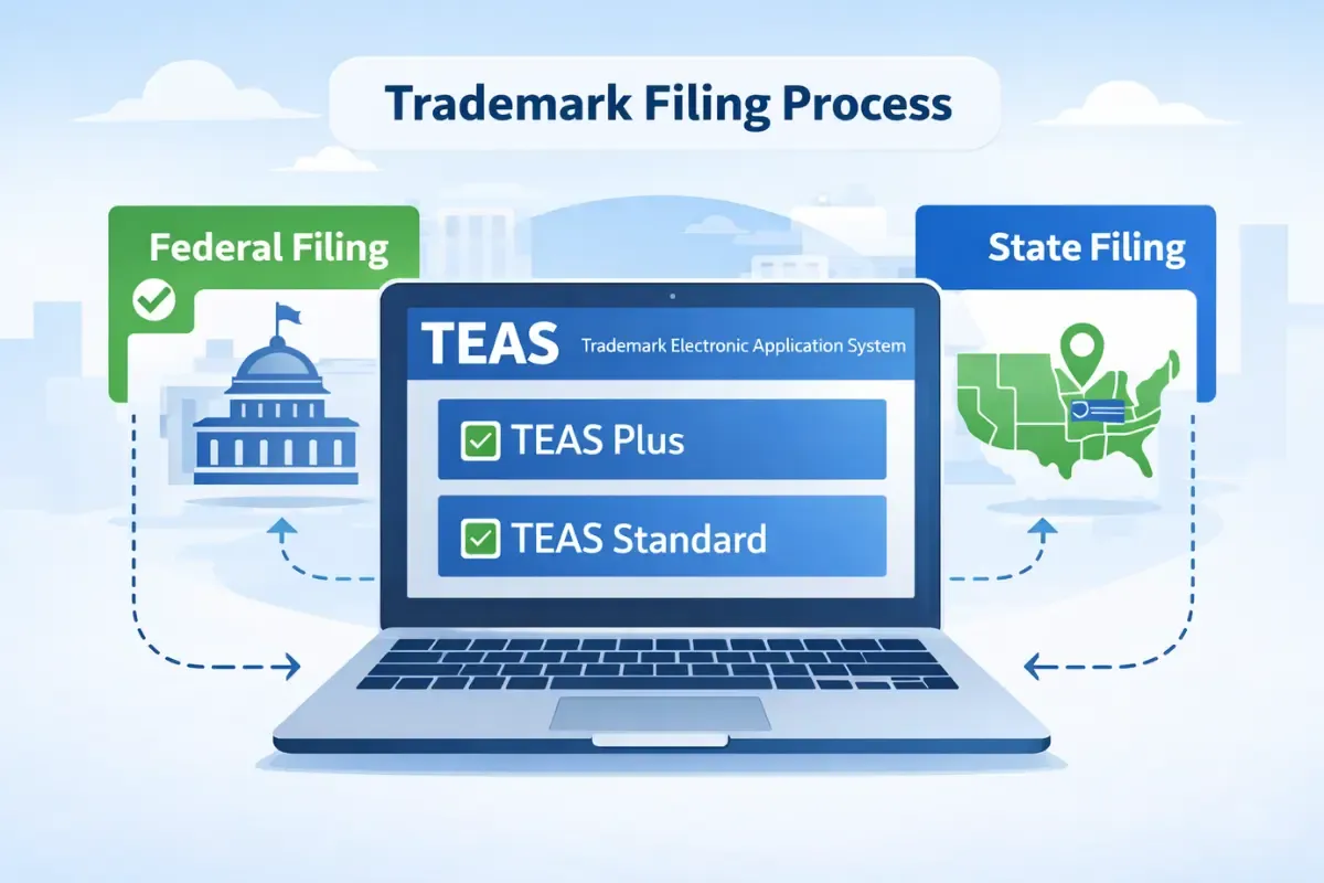 trademark-filing-process.webp Trademark registration process showing TEAS Plus and TEAS Standard filing options for federal vs state trademark applications through USPTO.