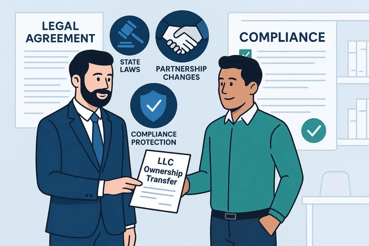 transfer-ownership-of-an-llc.webp Business partners reviewing LLC ownership transfer documents with state law and compliance requirements