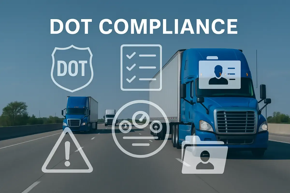 trucking-compliance-fleet-dashboard.webp Modern commercial trucking fleet with digital DOT compliance dashboard overlay for fleet managers.