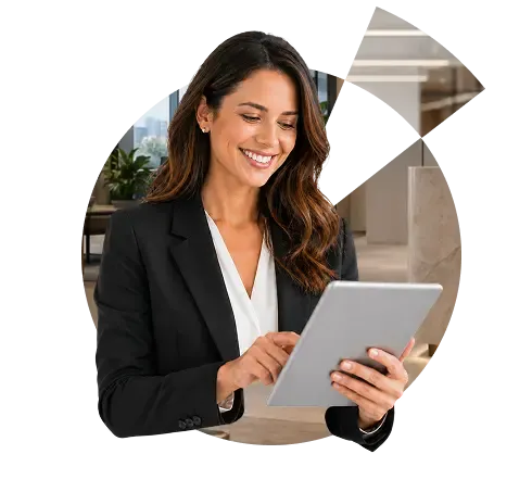 Business professional using a tablet to access business resources and compliance tools.