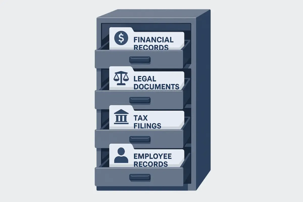 type-of-business-records.webp Organized business document retention filing system with financial records legal documents tax filings and employee records storage for compliance management.