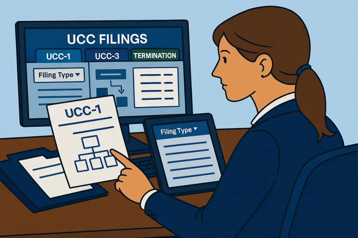 Professional managing UCC filings system showing UCC-1 UCC-3 and termination filing types for secured transactions and commercial lending documentation.