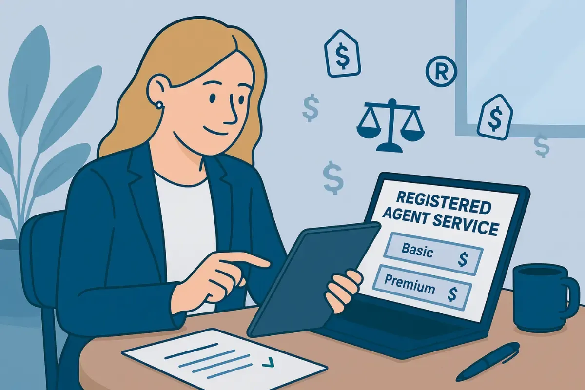 typical-costs-of-hiring-a-registered-agent.webp Professional reviewing registered agent service pricing plans showing basic and premium registered agent cost options and annual fee comparison for business compliance.