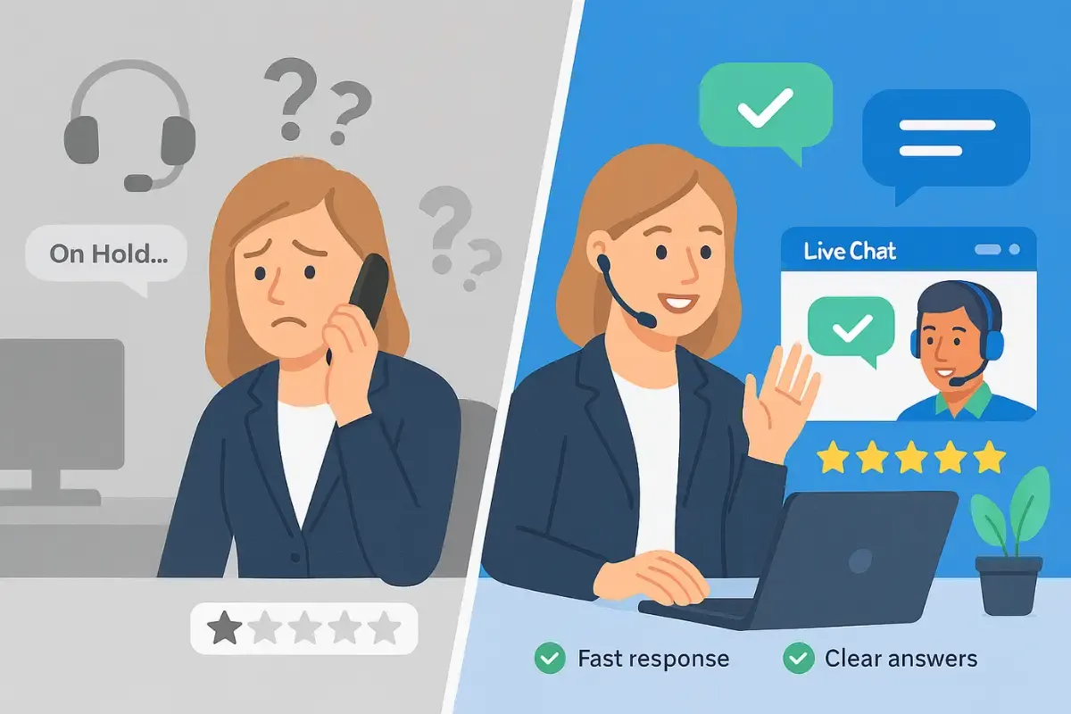 Business formation service customer support comparison showing poor phone support on hold versus quality live chat assistance with five star rating