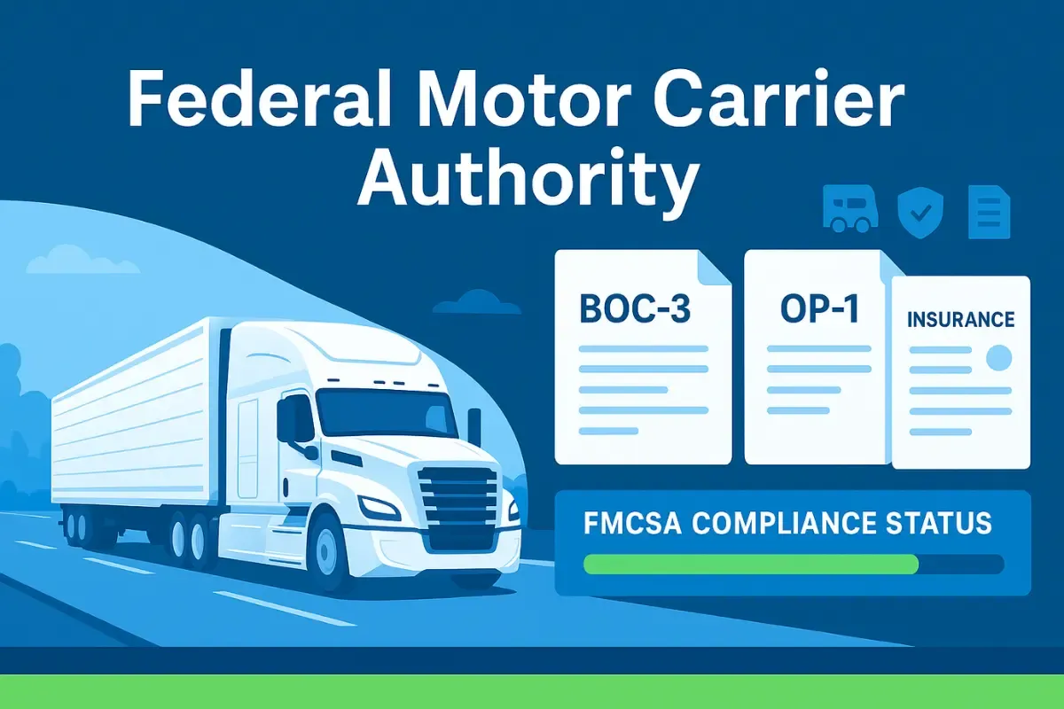 Federal motor carrier authority compliance showing BOC-3, OP-1 forms and insurance requirements for FMCSA registration.