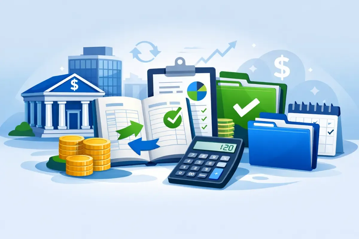 updating-financial-accounts-and-records.webp Updating financial accounts and records during business restructuring showing bank transfers tax documents and accounting updates for sole proprietorship to LLC conversion.