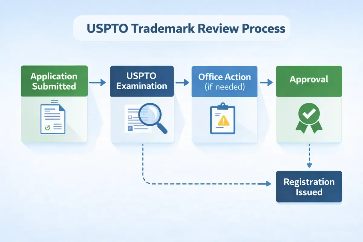 what-happens-after-you-apply-for-trademark.webp USPTO trademark review process flowchart from application submitted through examination office action and approval to maintaining a trademark registration.