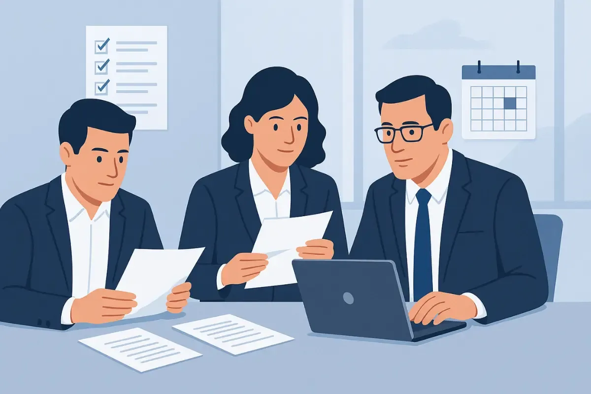 Business team collaborating on annual business report filing to ensure corporate annual report form accuracy and compliance.