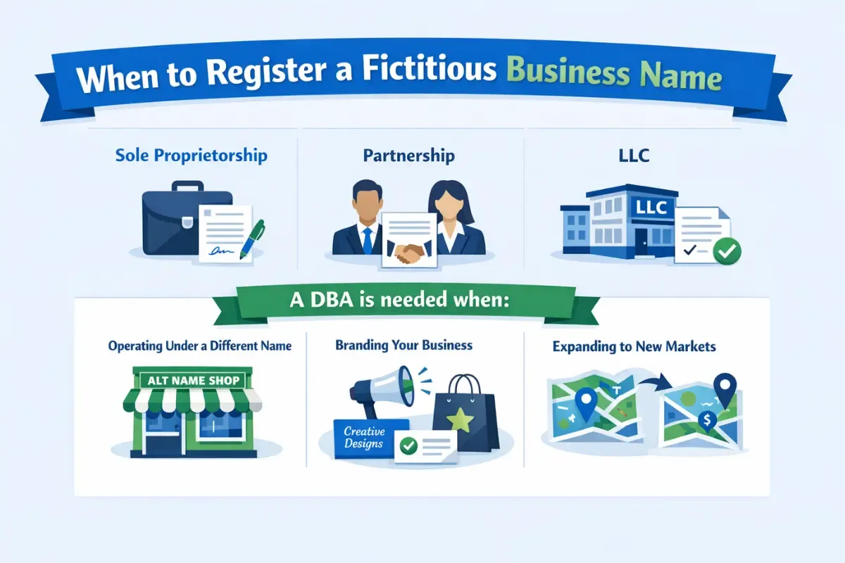 when-business-needs-a-fictitious-business-name.webp When to register a fictitious business name showing steps to file for sole proprietorship, partnership, and LLC including state requirements for DBAs and fictitious business name publication requirements.