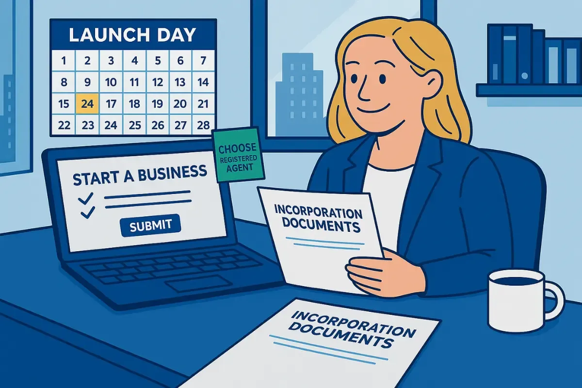 when-should-you-start-looking-for-a-registered-agent.webp Entrepreneur choosing registered agent during business formation process with incorporation documents and launch day calendar for startup business.