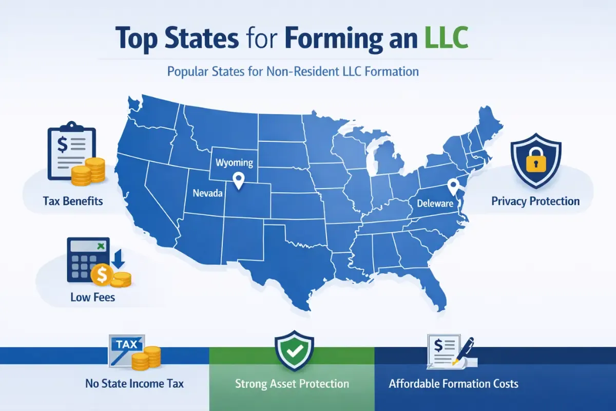 which-state-is-best-for-llc-for-non-residents.webp Top states for forming an LLC for non-residents showing best state to form LLC for anonymity and privacy including Wyoming Nevada and Delaware with tax benefits.