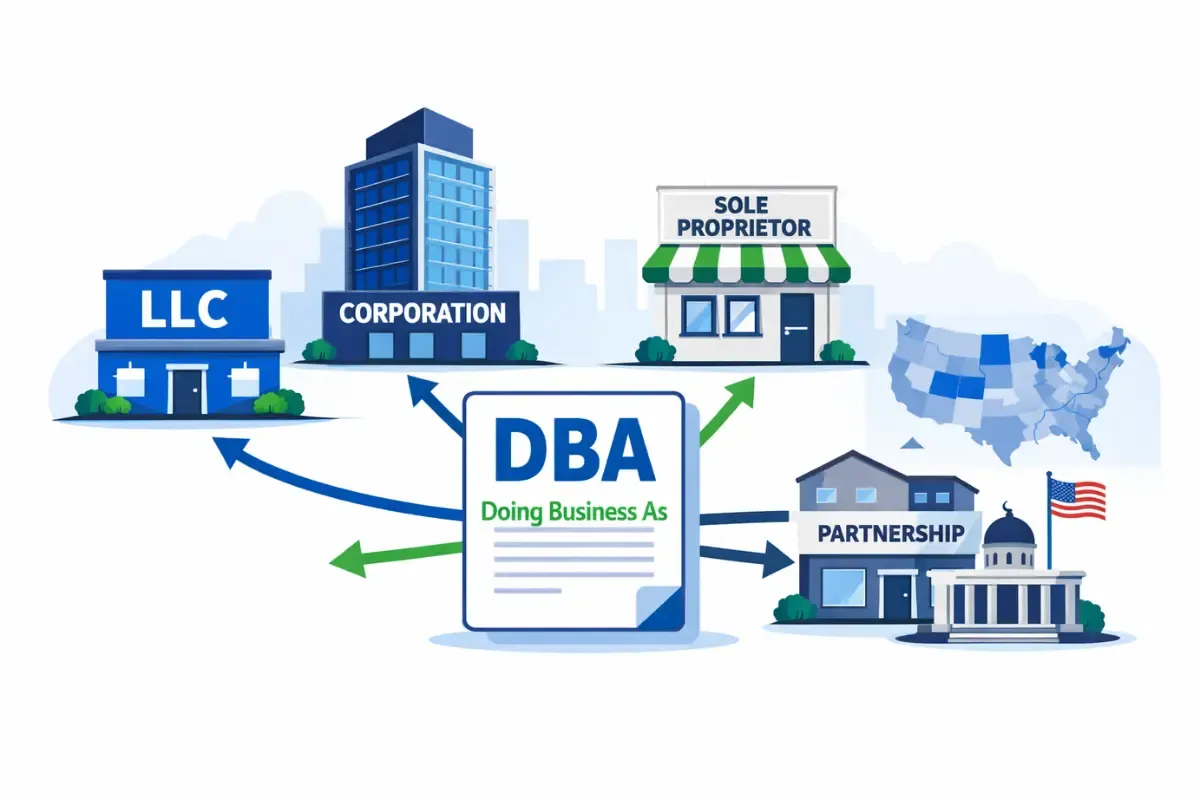 which-types-of-businesses-can-file-a-dba.webp Which types of businesses can file a DBA showing LLC corporation sole proprietorship and partnership entities eligible for doing business as name filing registration.