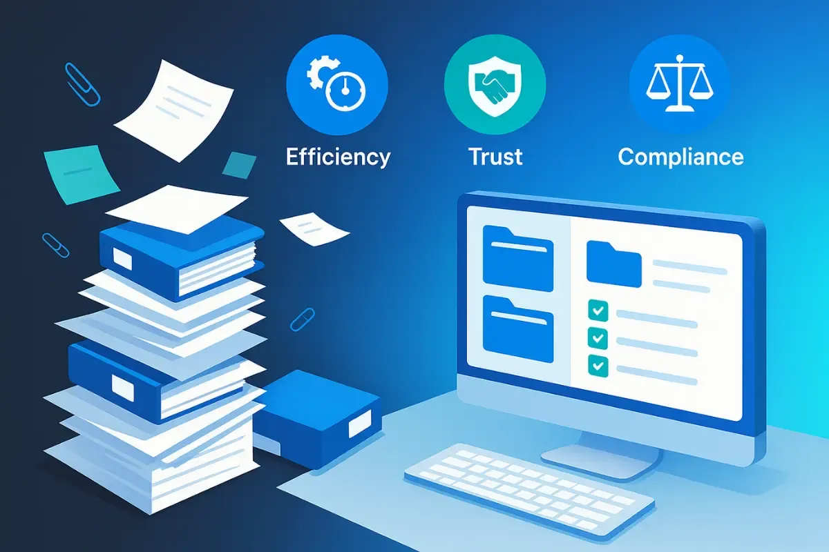 why-organizing-legal-documents-matters.webp Digital document management system showing efficiency, trust and compliance benefits for organized business legal files and records.