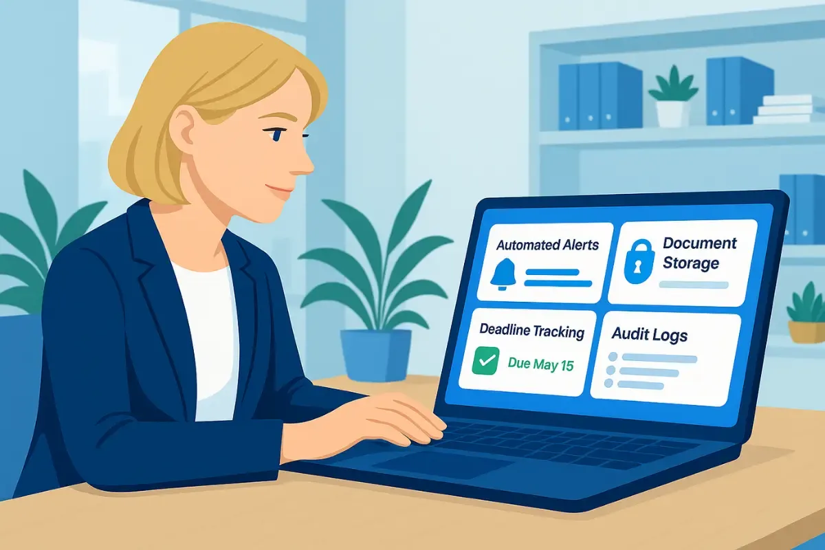 why-smbs-need-compliance-tools.webp Businesswoman working with compliance automation tools showing automated alerts, document storage, deadline tracking, and audit logs for small business regulatory management.